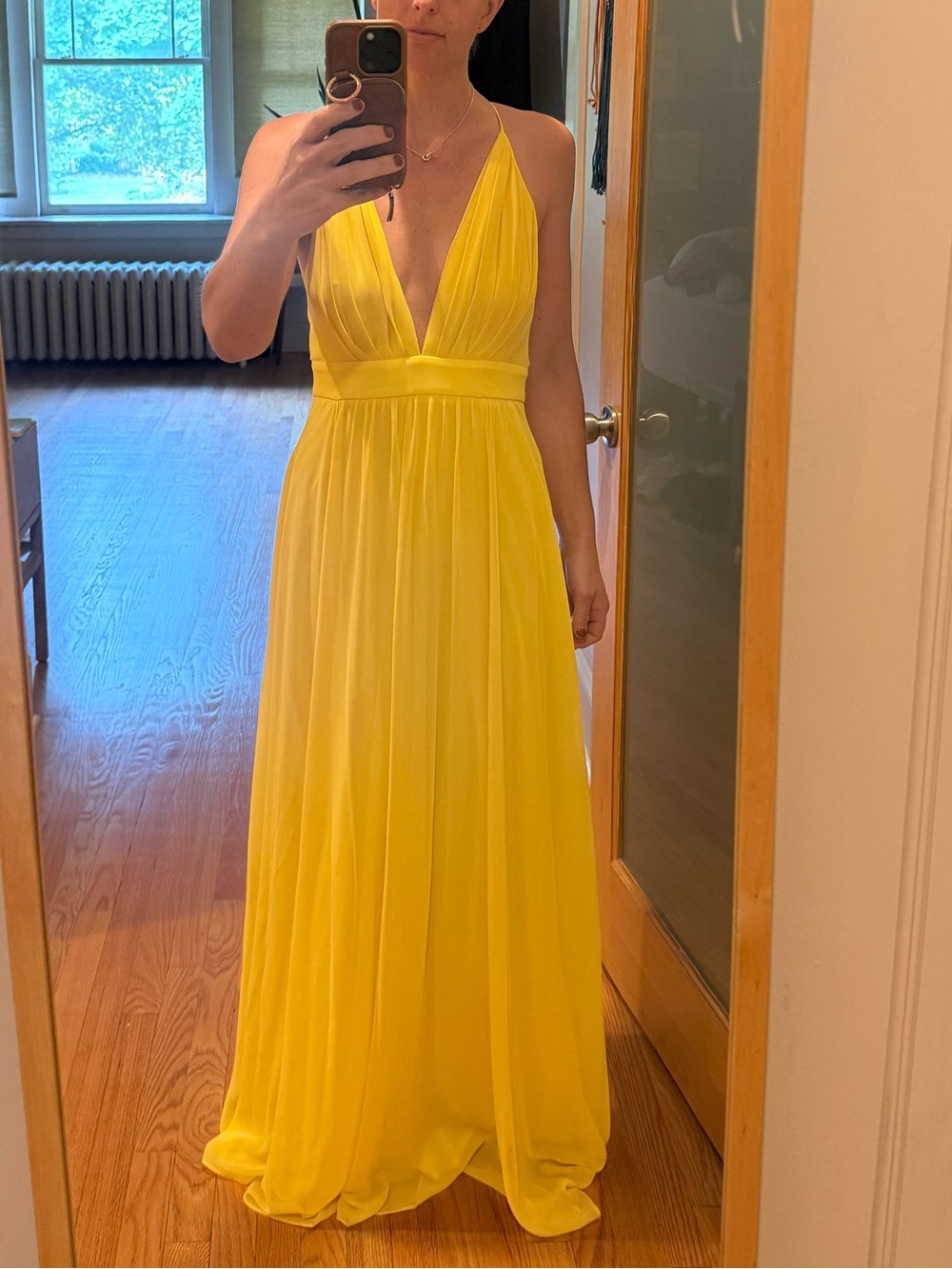 Bright Yellow V-Neck Maxi Halter Gown